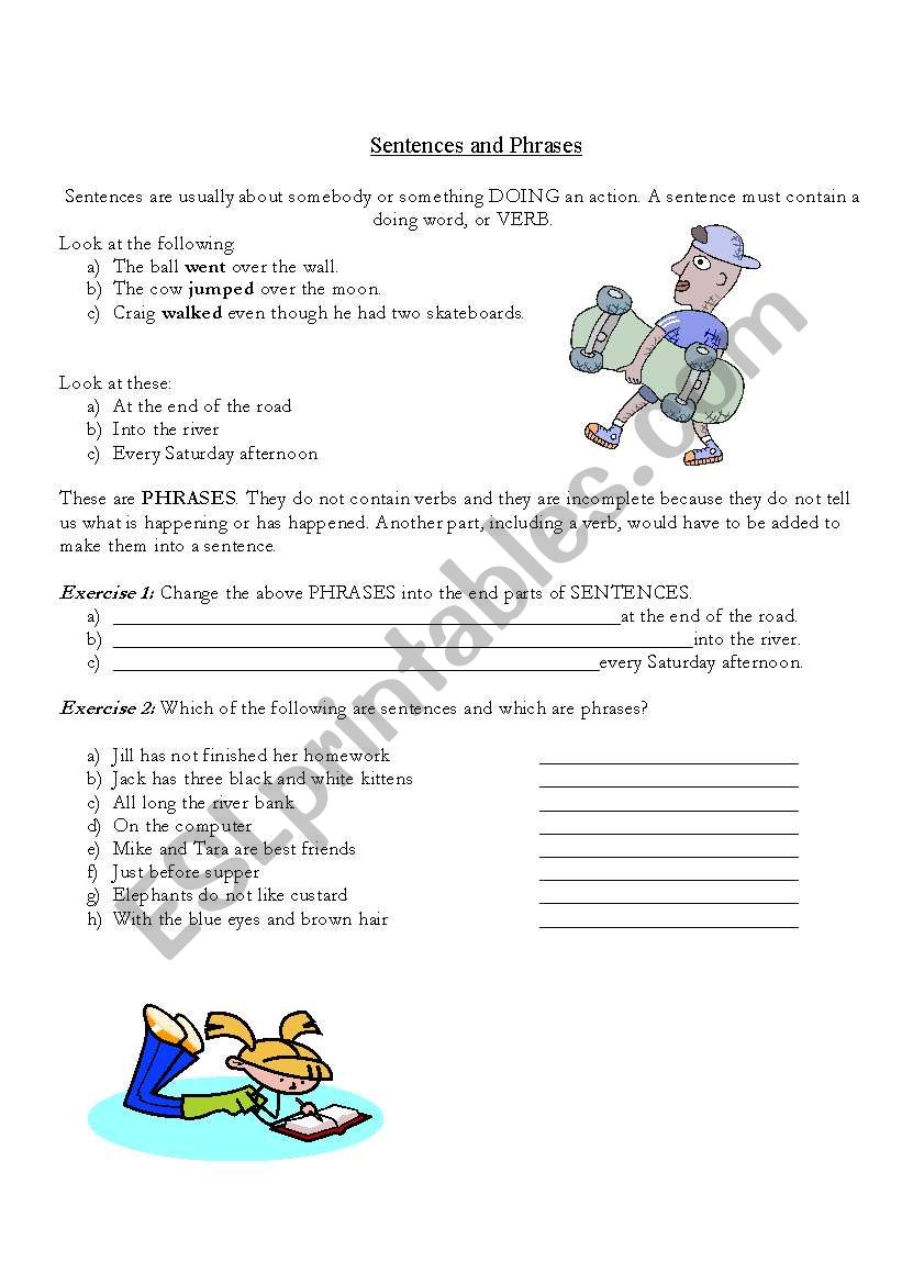 English Worksheets Sentences And Phrases