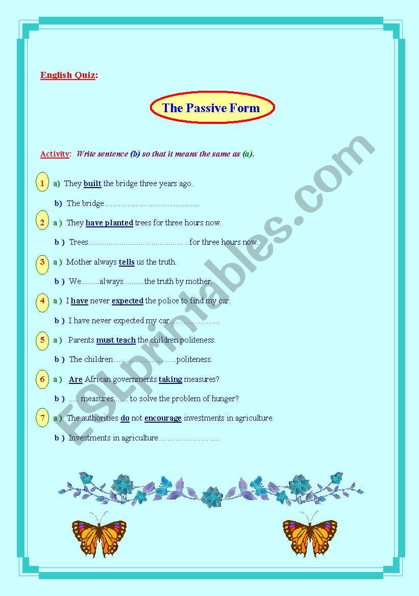 English Worksheets Passive Form