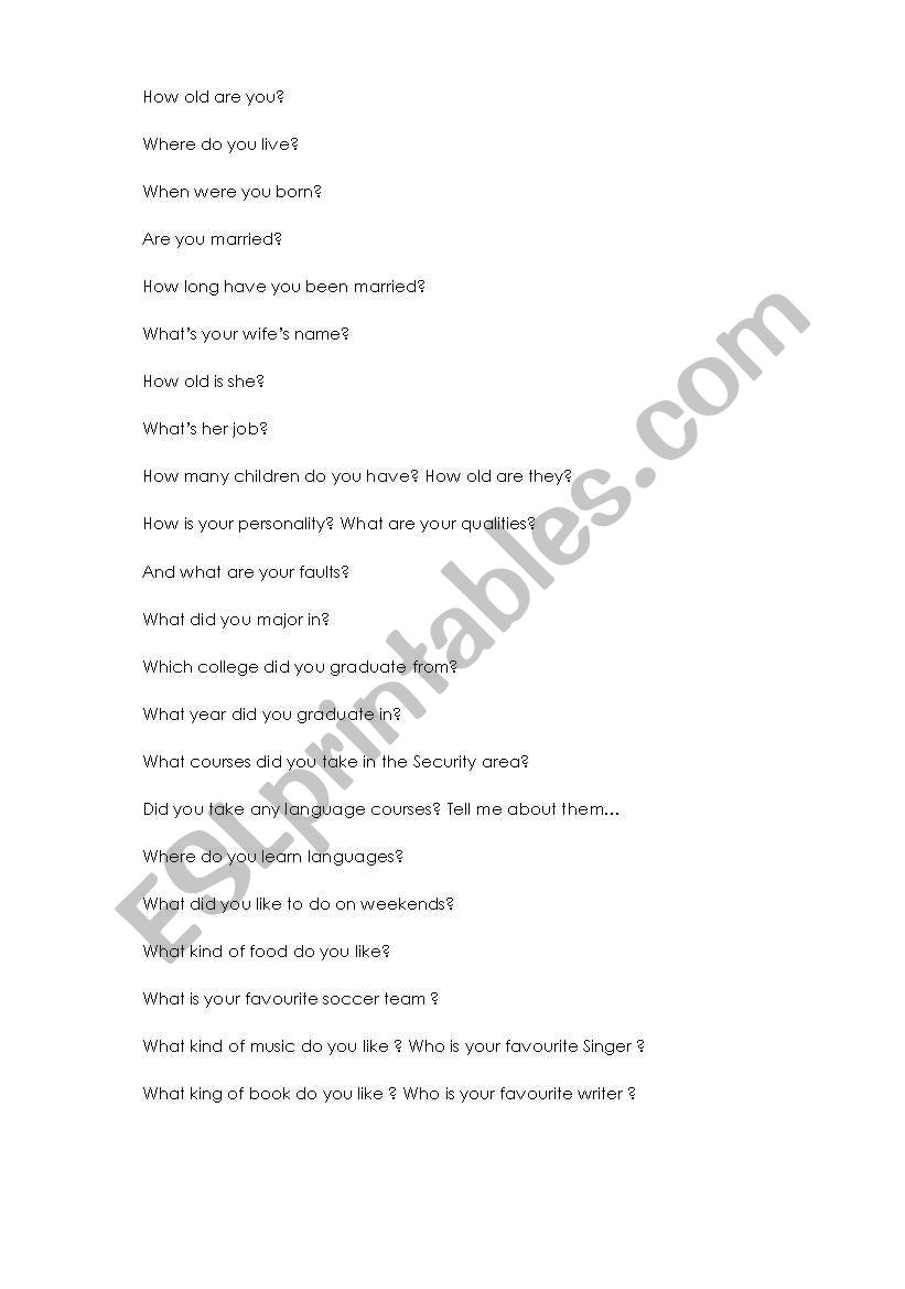 Interview with a new student worksheet