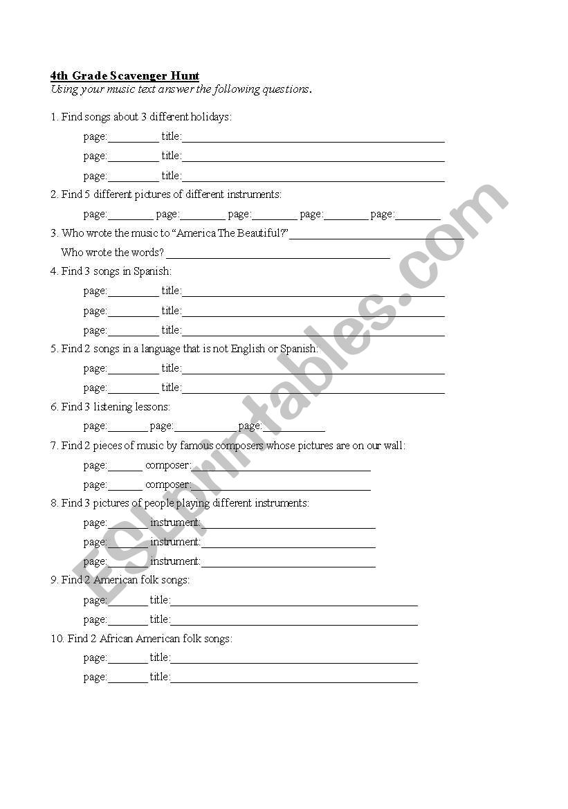 English worksheets: 4th grade Music Scavenger Hunt