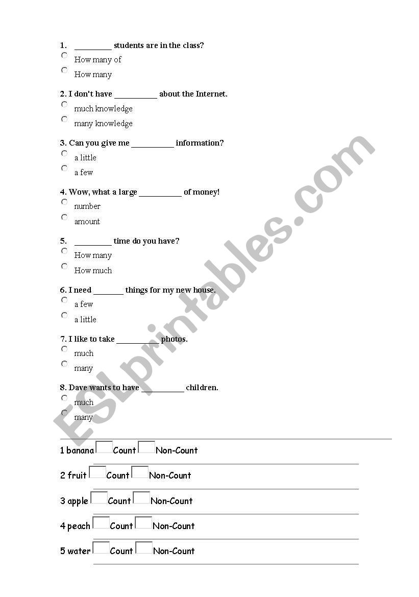 English worksheets: countable and uncountable nouns