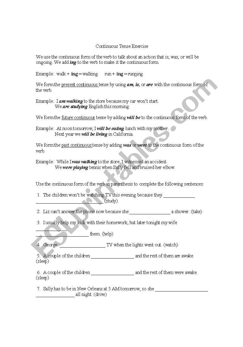 Continuous Tense Exercise worksheet