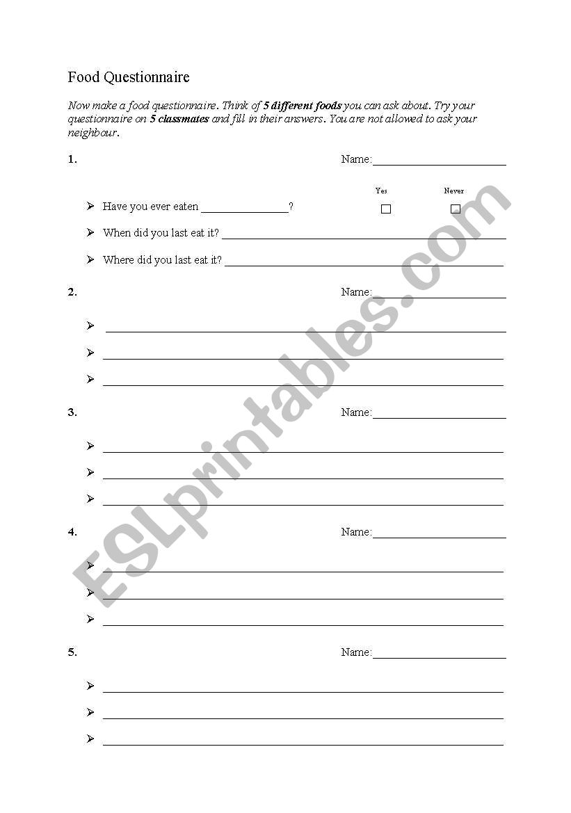 Questionaire Favourite Food worksheet