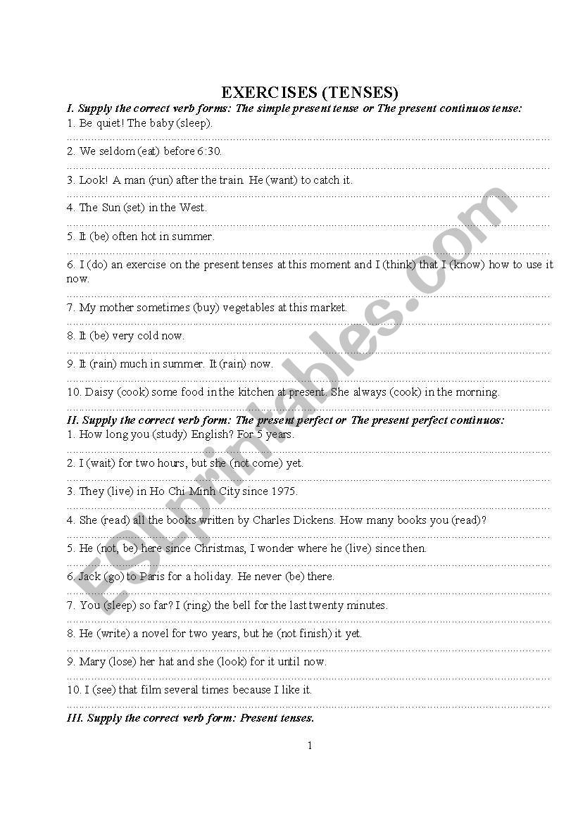 Tenses review exercises worksheet