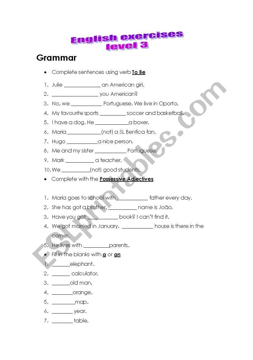 verb to be worksheet