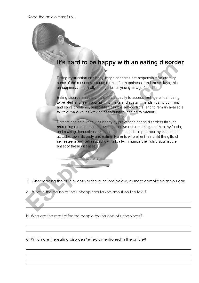 It´s hard to be happy with an eating disorder - ESL worksheet by beagiz