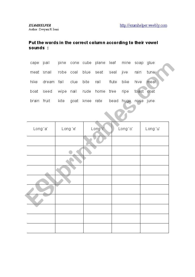 Long Vowel sounds worksheet