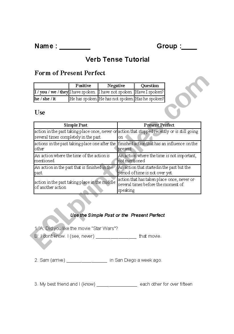 Present perfect exercise sheet