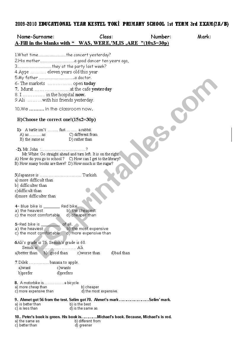 7 th class exam worksheet