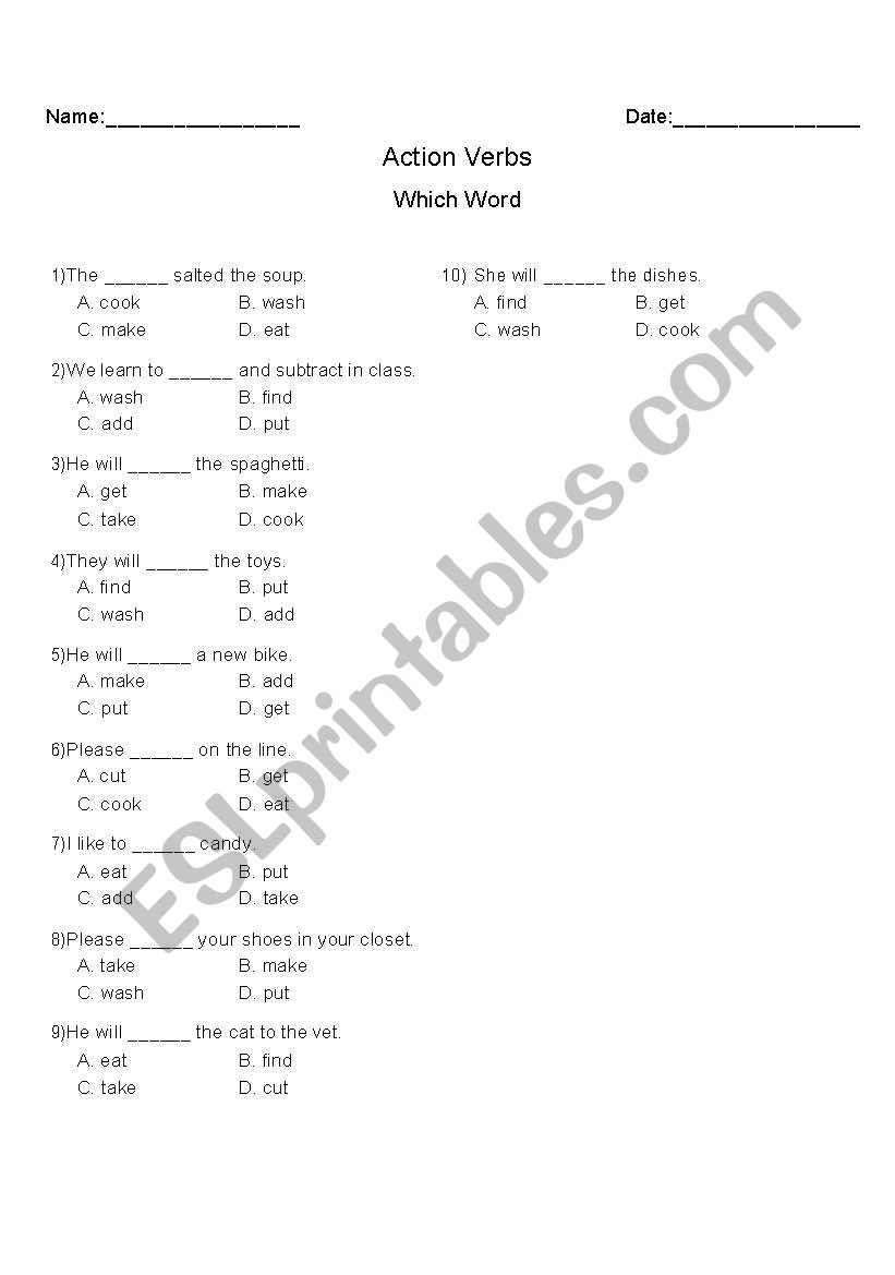 Action verbs worksheet