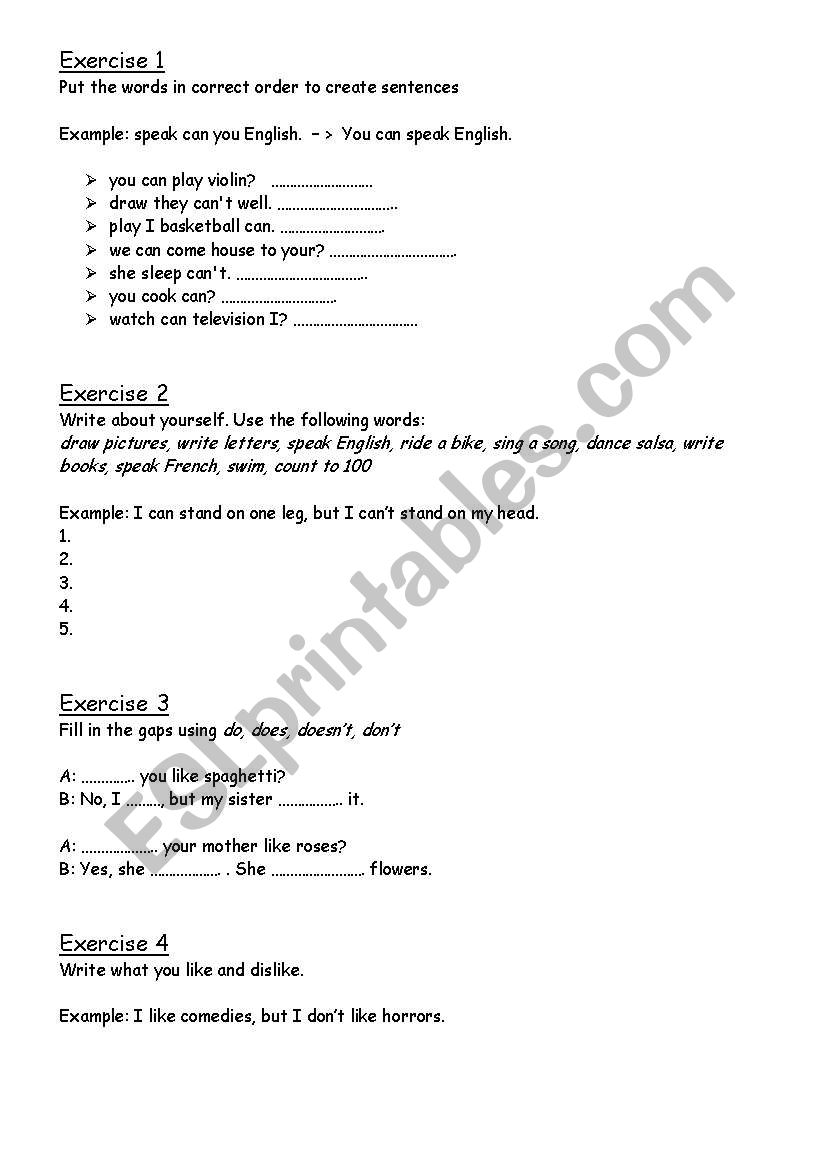 exercises worksheet