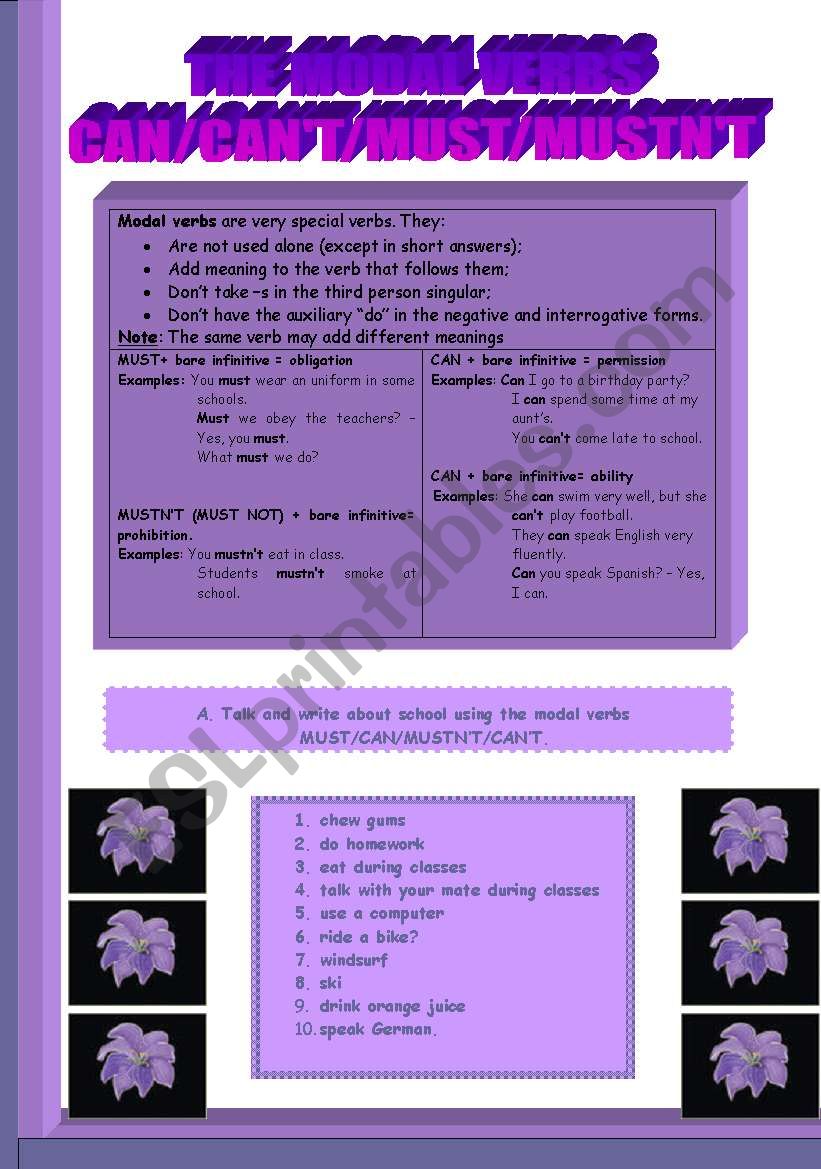 Modal Verbs Can/can´t/must/mustn´t - School Activities - ESL Worksheet ...