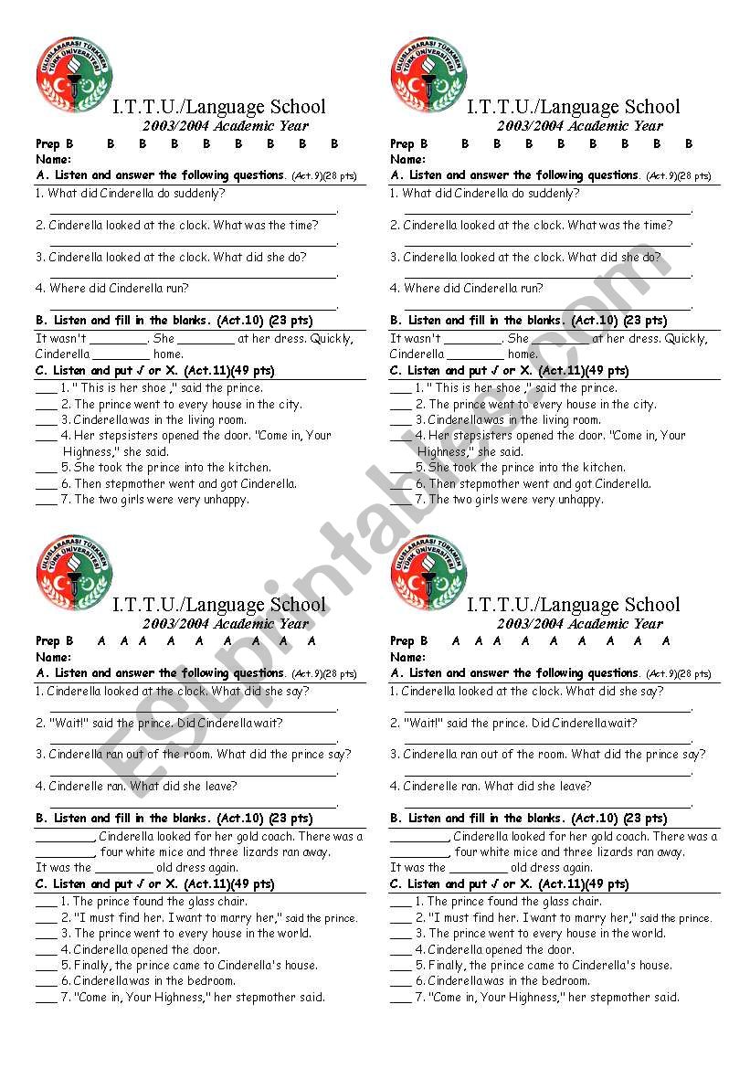 CINDERELLA QUIZ worksheet