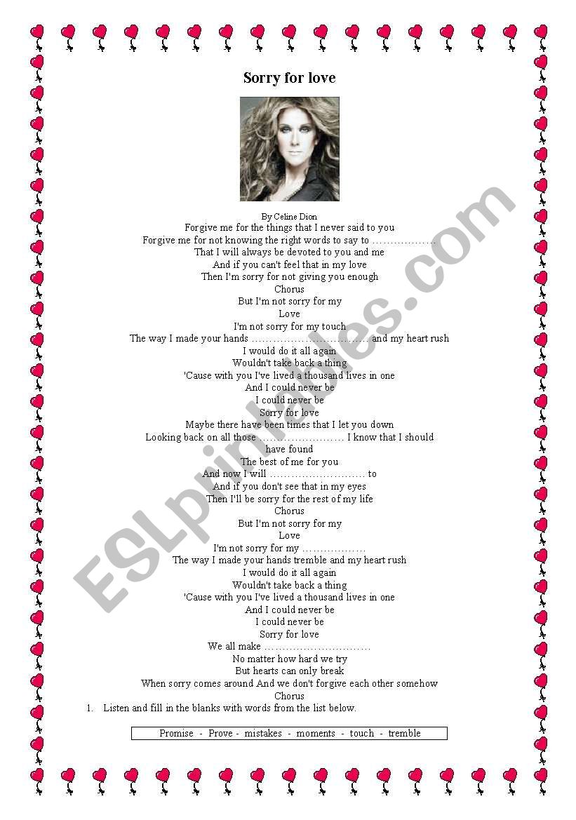 sorrz for love song worksheet