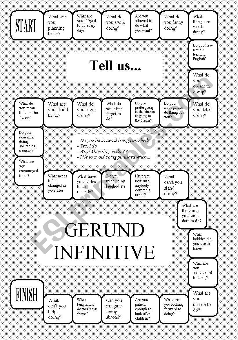 English Worksheets Gerunds Vs Infinitives Board Game