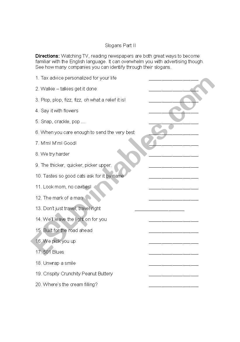 Slogans Part II worksheet