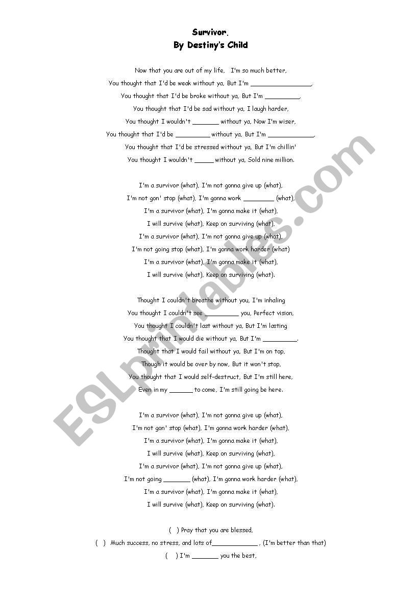 English Worksheets Survivor By Destiny S Child Lyrics