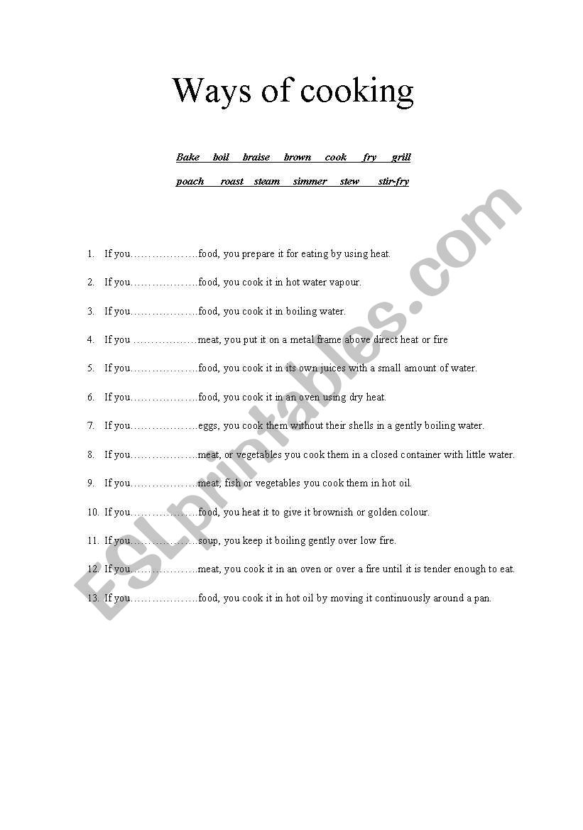 ways of cooking worksheet