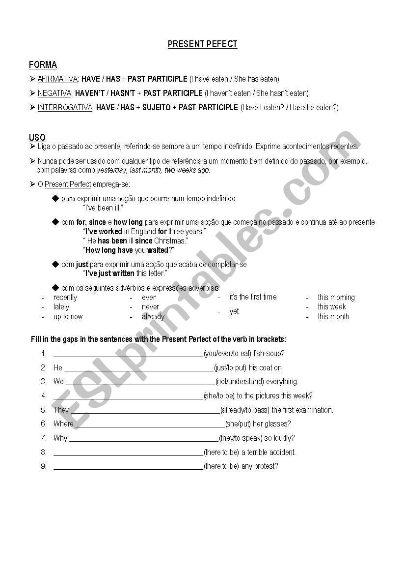 Present perfect worksheet