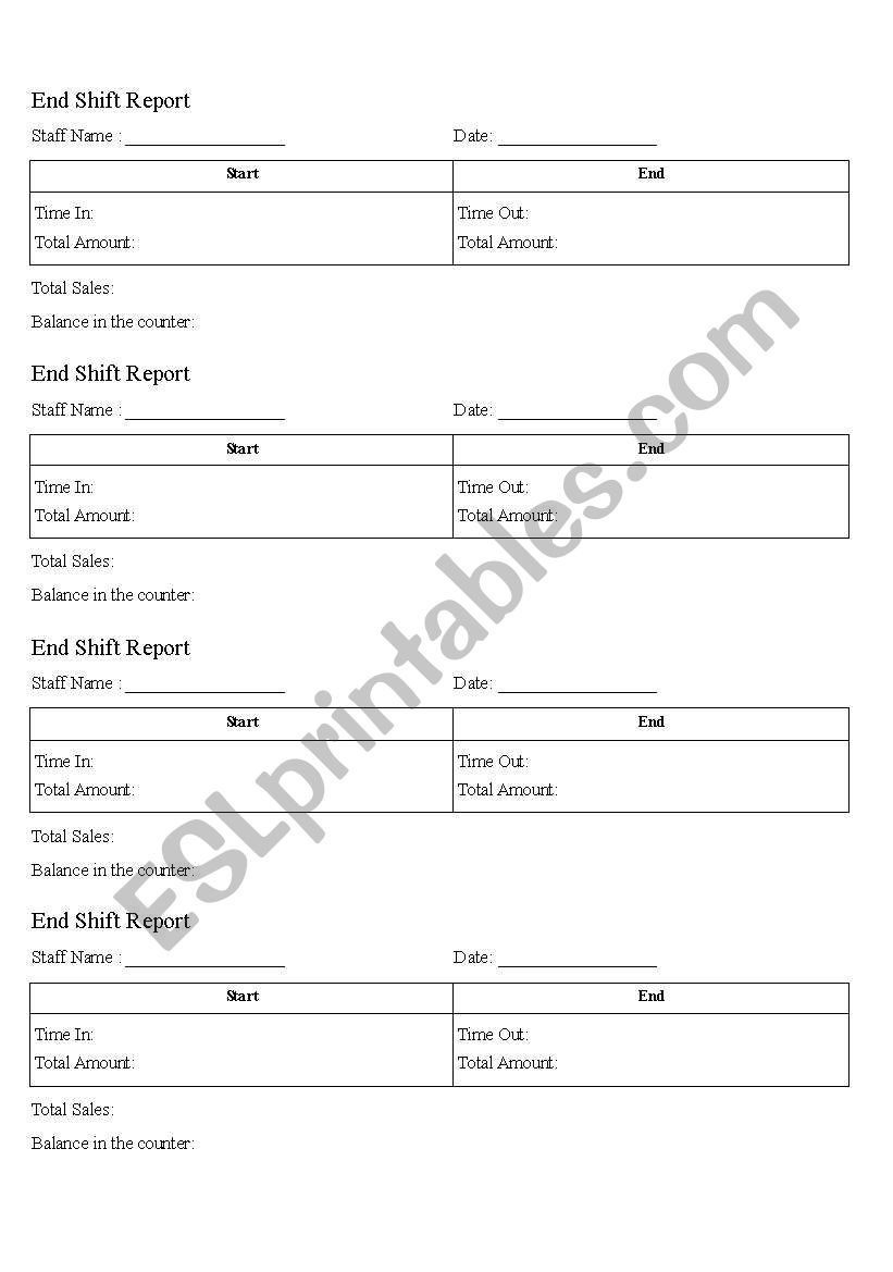 end shift report worksheet