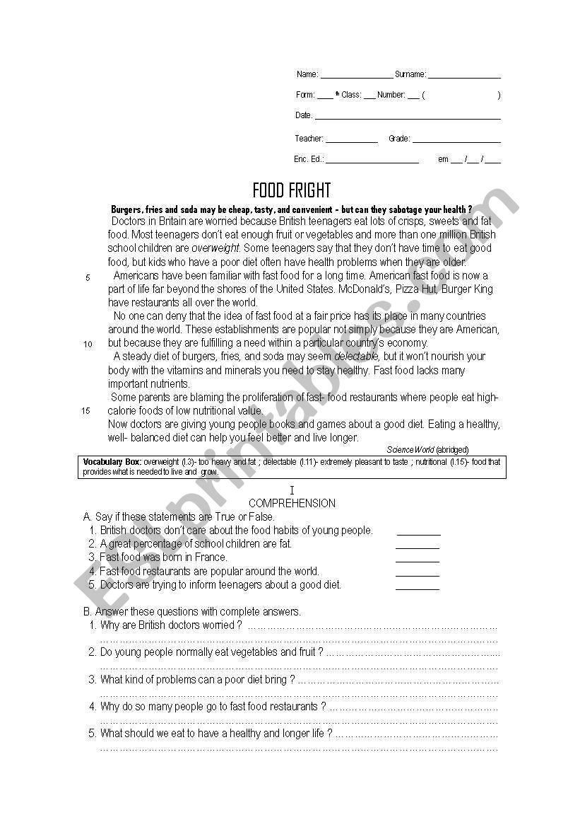 Food Fright test worksheet