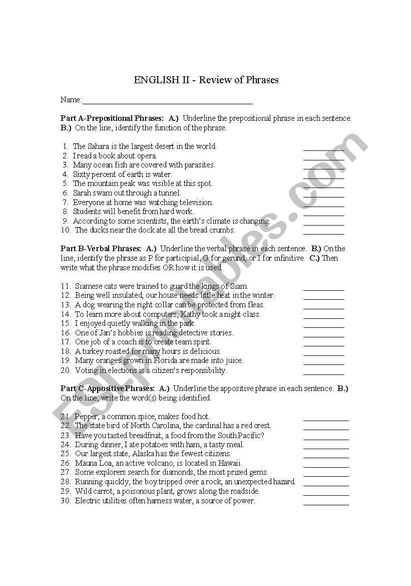 Review of Phrases worksheet