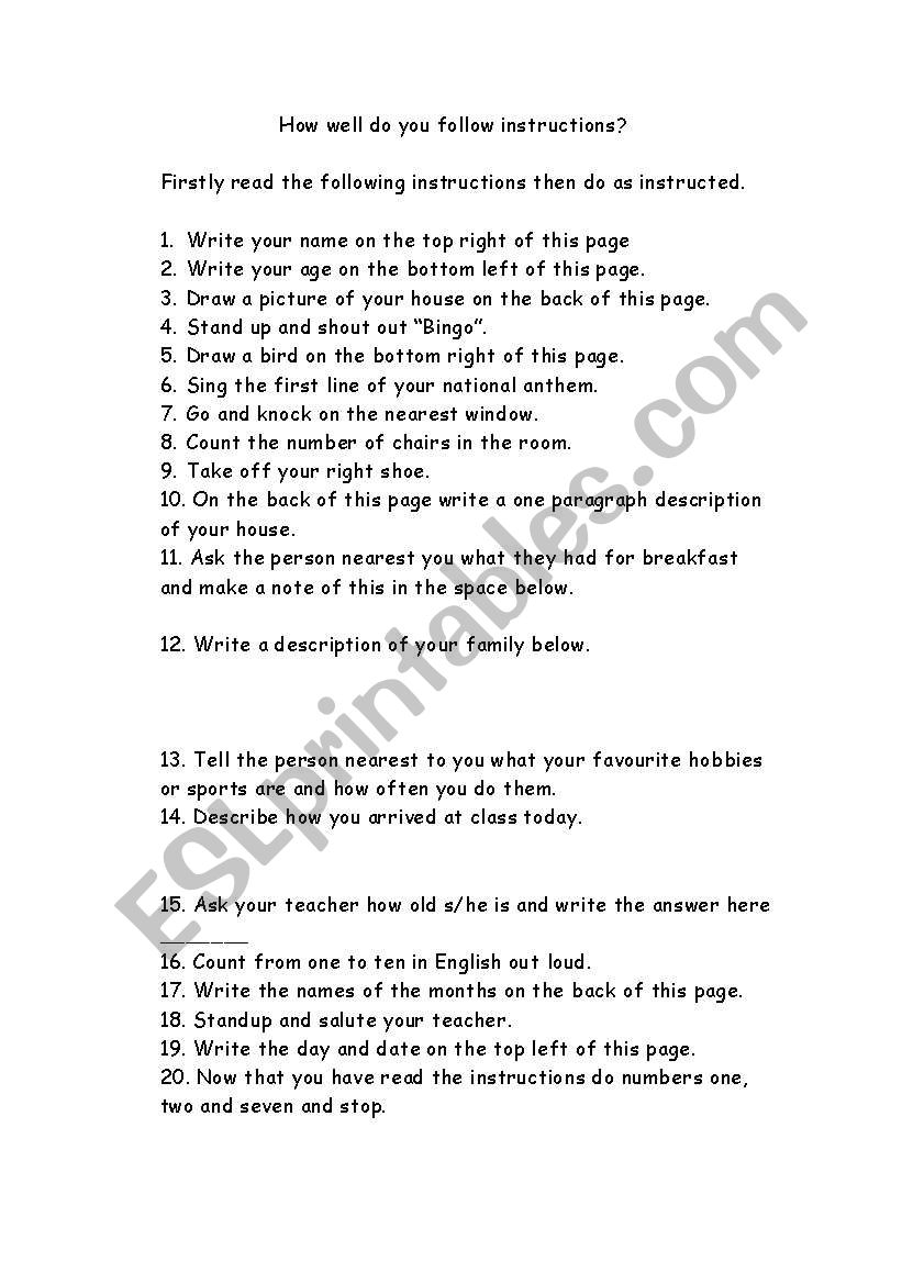 How Well Do You Follow Instructions ESL Worksheet By Gworrell