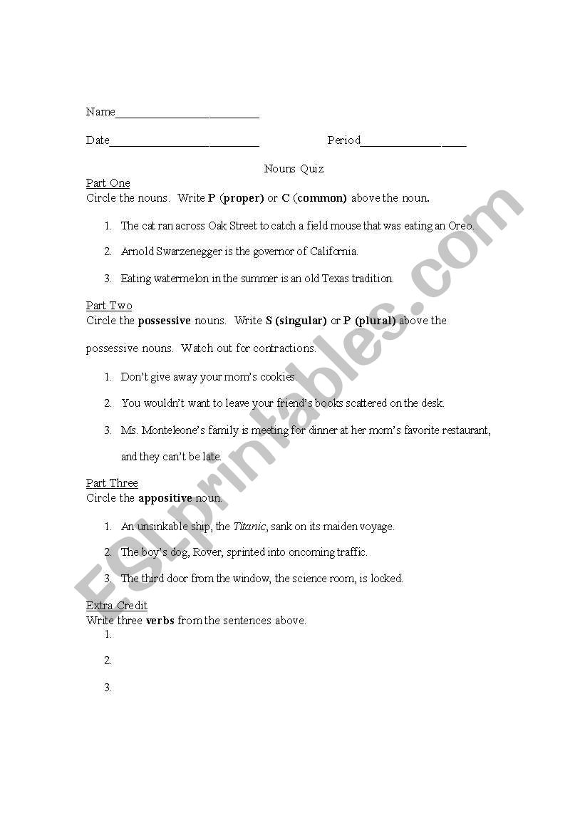 Nouns Quiz worksheet