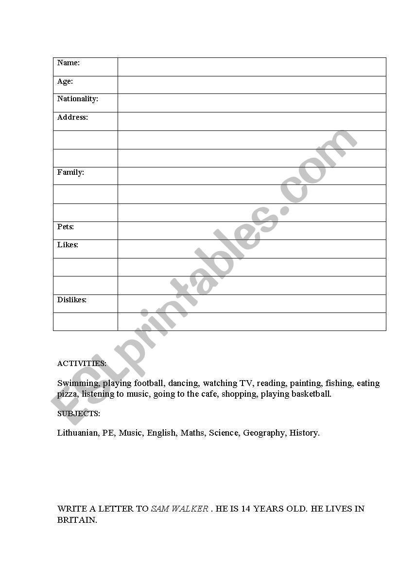 a letter to a pen friend worksheet