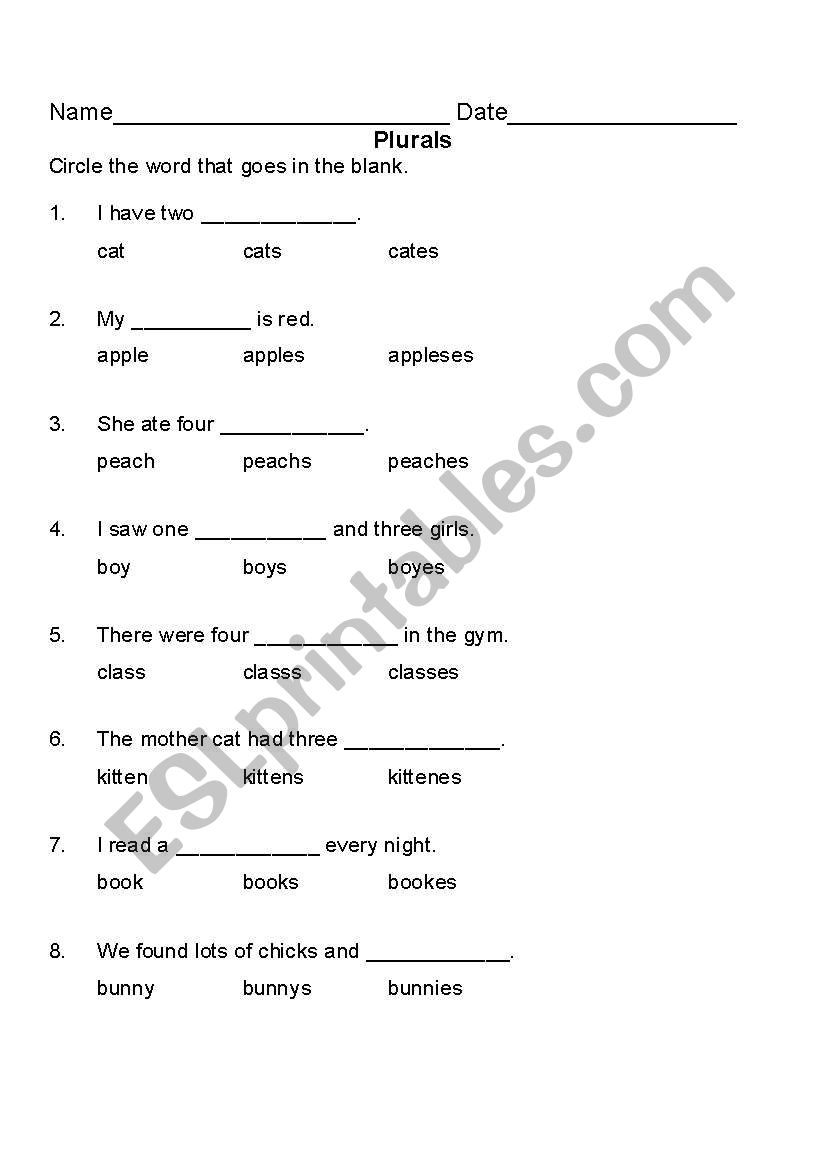 Plurals Sentences worksheet