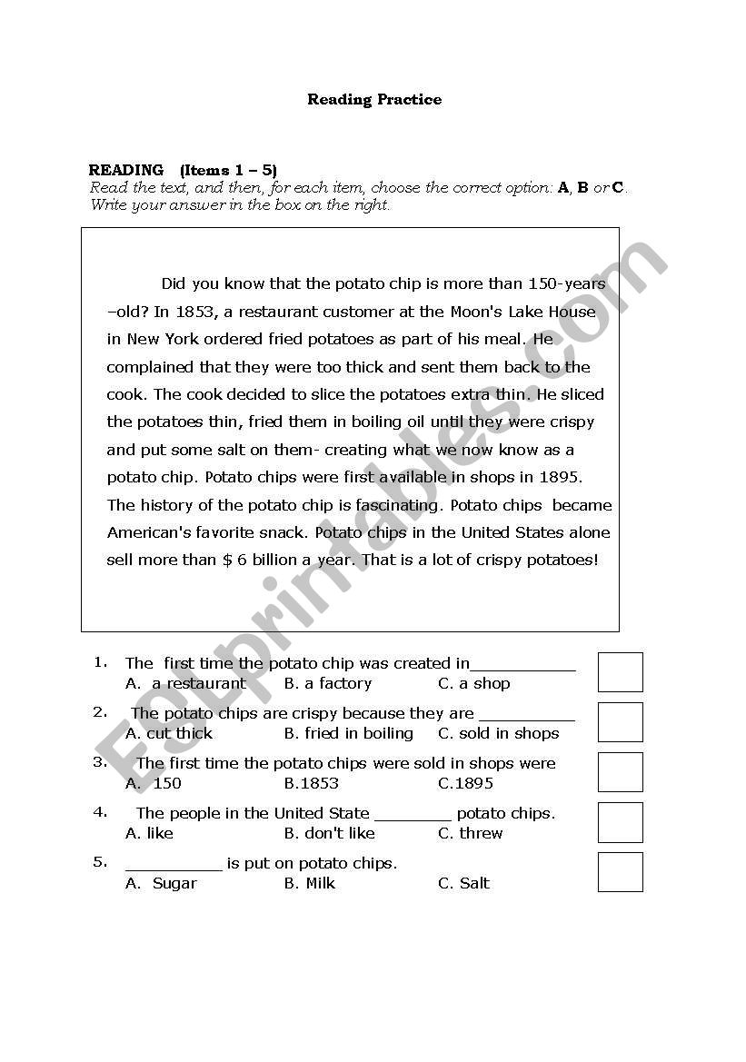 Potato chips worksheet