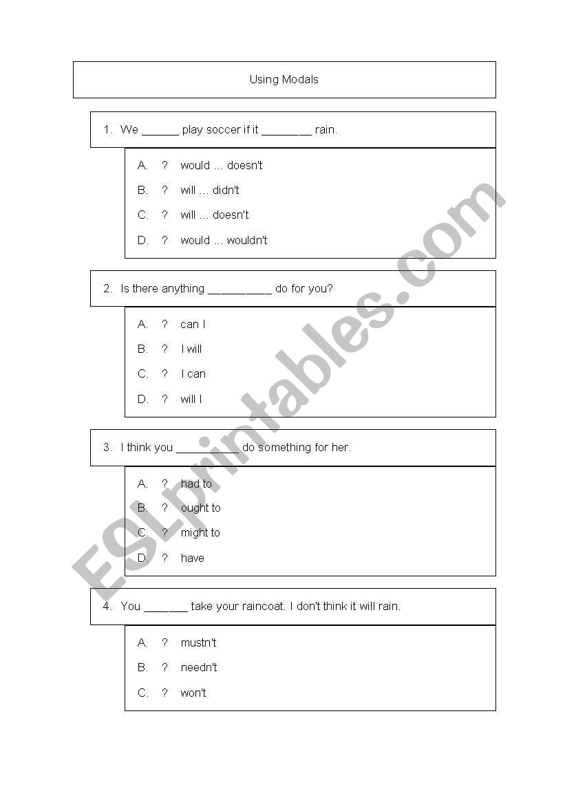 using modals worksheet