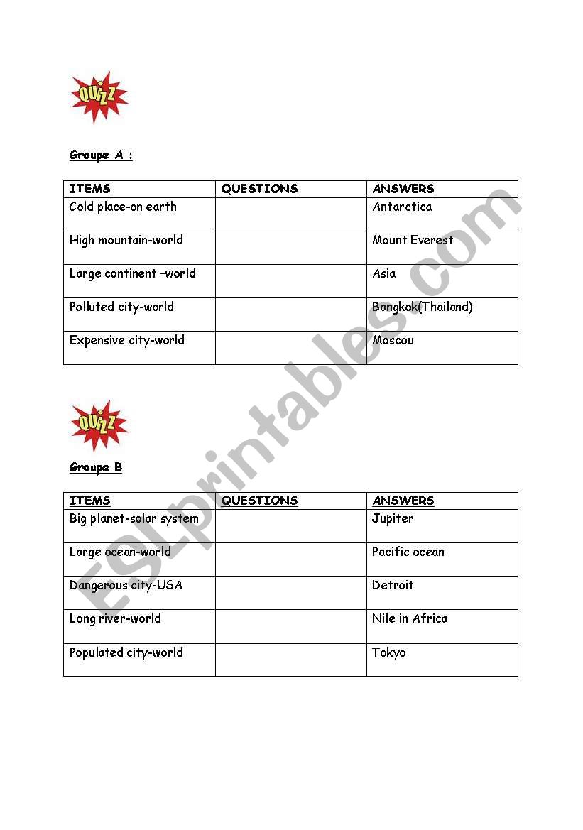 quizz geography  worksheet