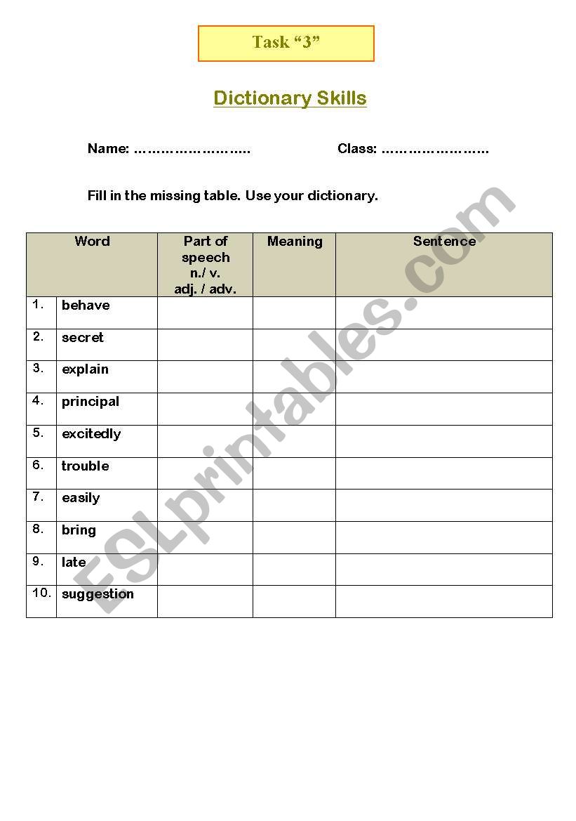 Dictionary skills ESL worksheet by kenzi