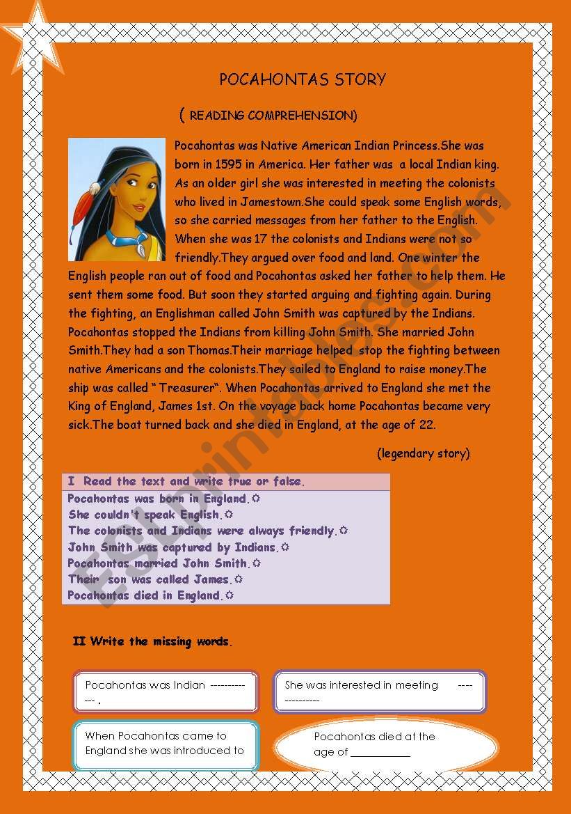 Pocahontas story ( reading comprehension)