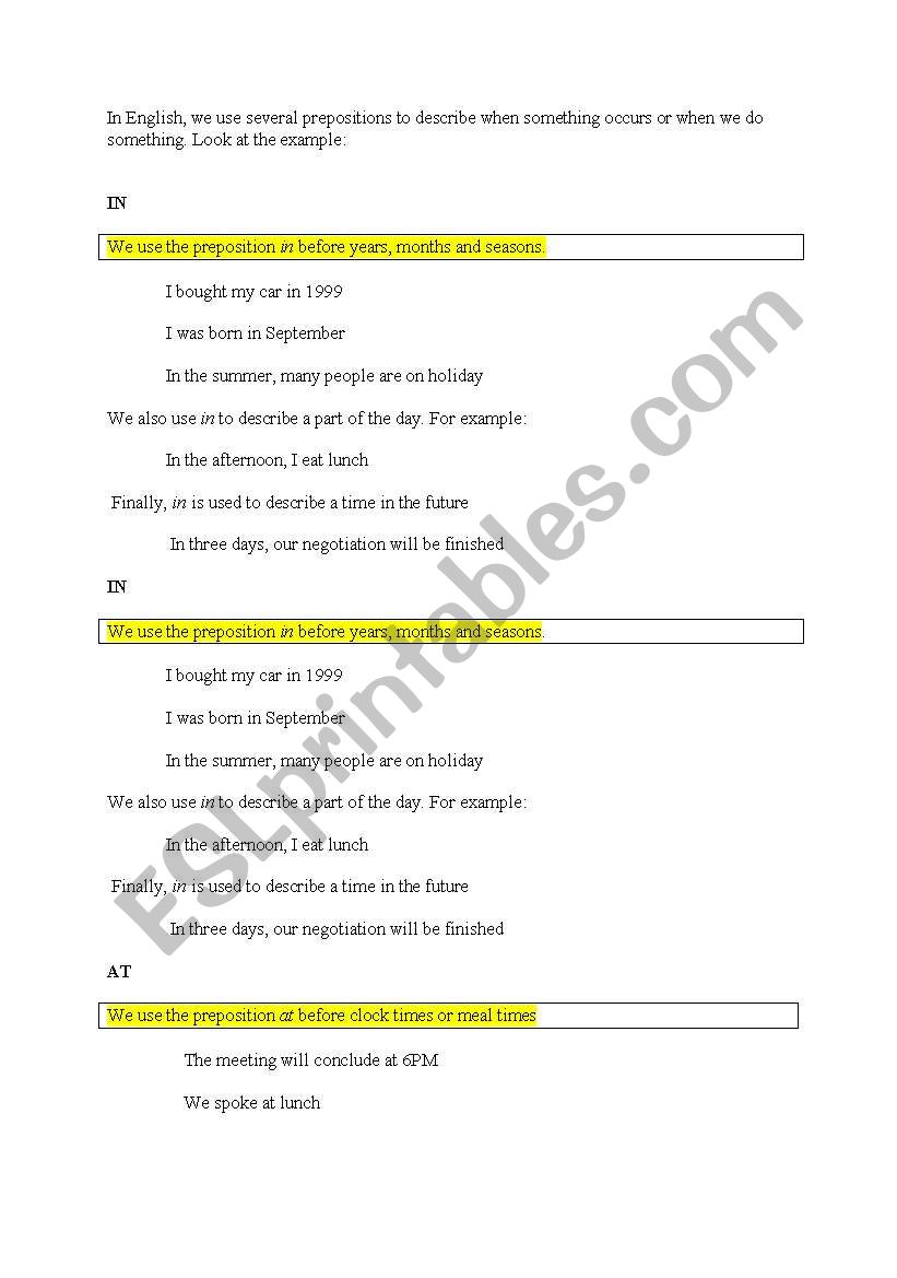 prepositions (in/ at /on) worksheet