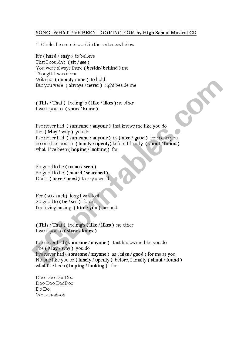 high school musical song worksheet