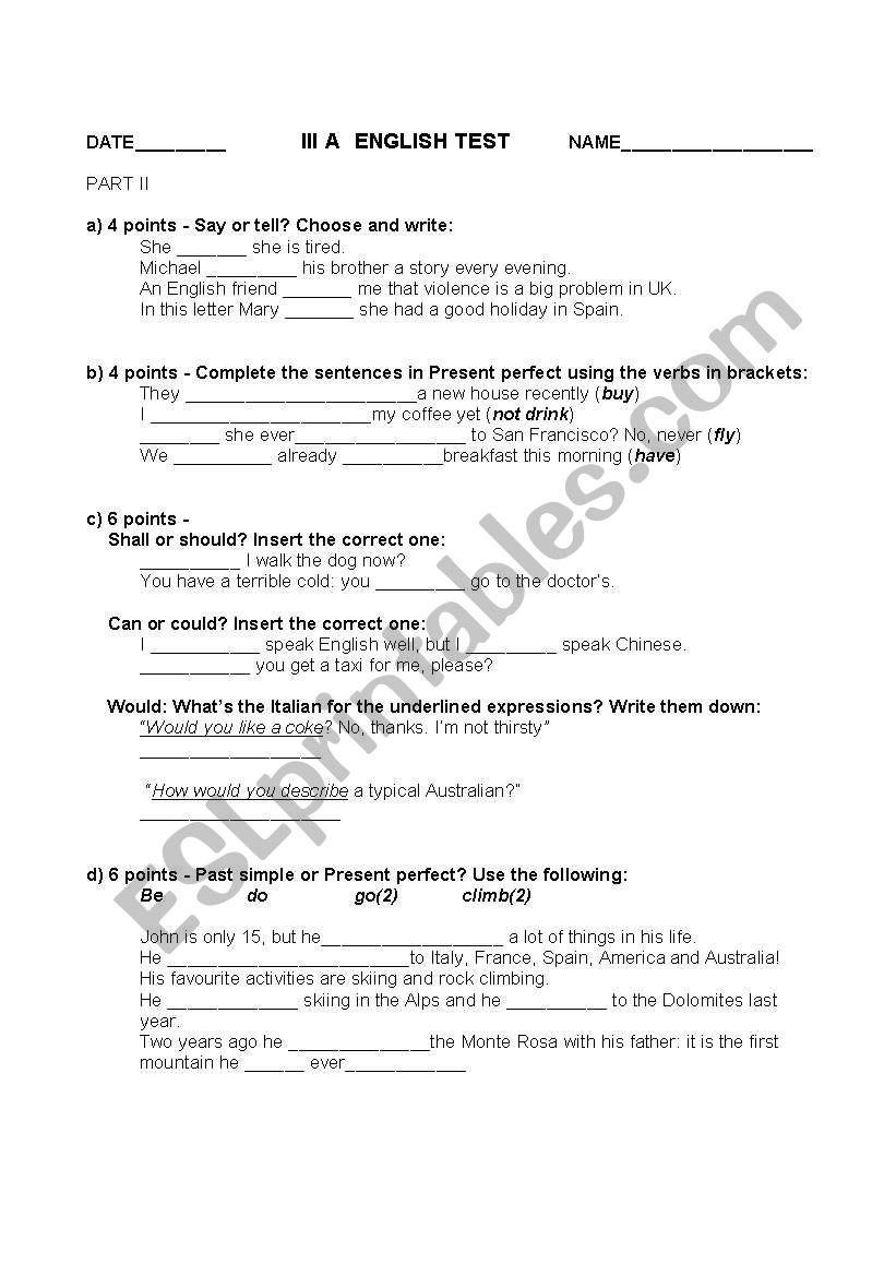 English Worksheets Test Intermediate Level