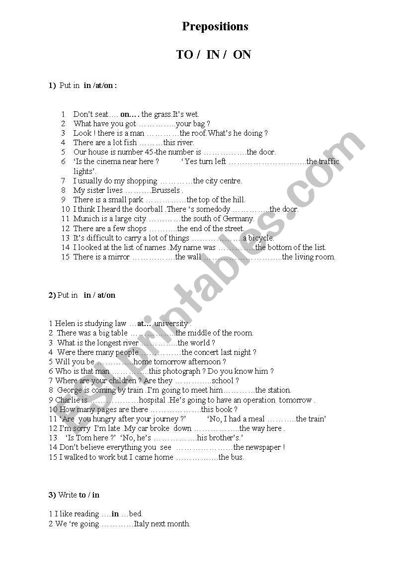 Preposition : To /  In / On  worksheet