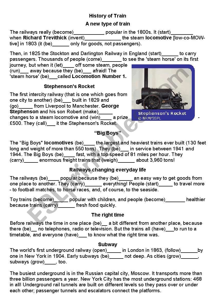 Transport, trains worksheet