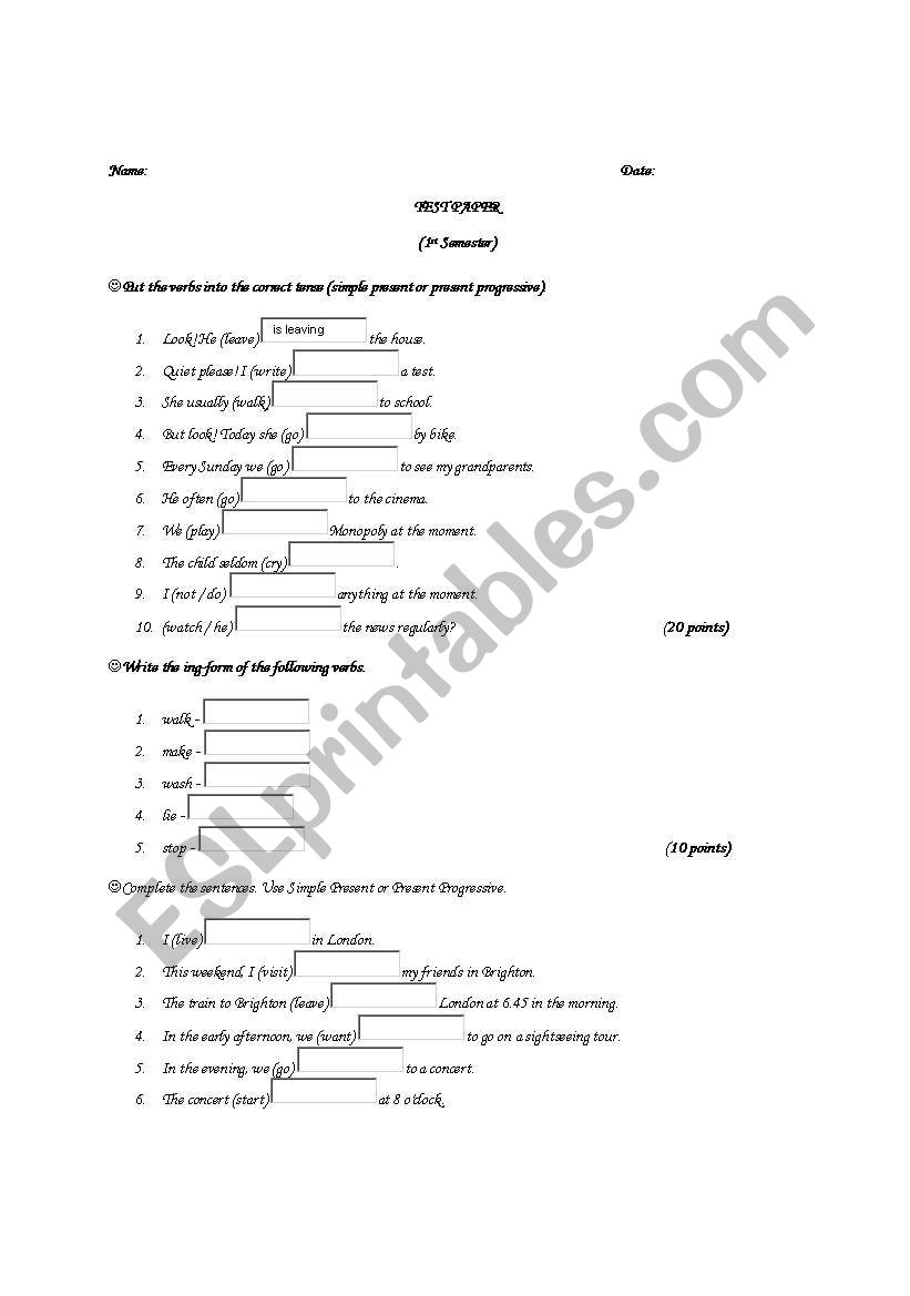 final test for the 1st semester VI grade