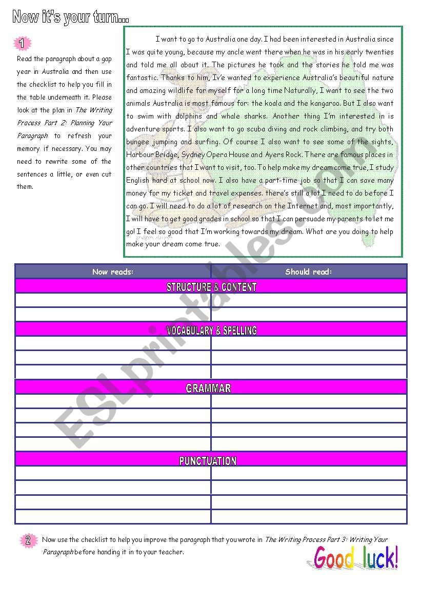 The Writing Process Part 4: Checking Your Paragraph (2 pages + key) - ESL  worksheet by juliag