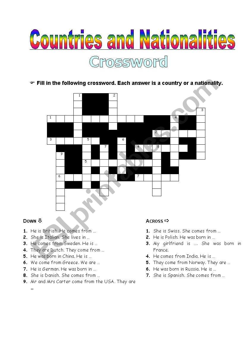Countries and Nationalities - Crossword