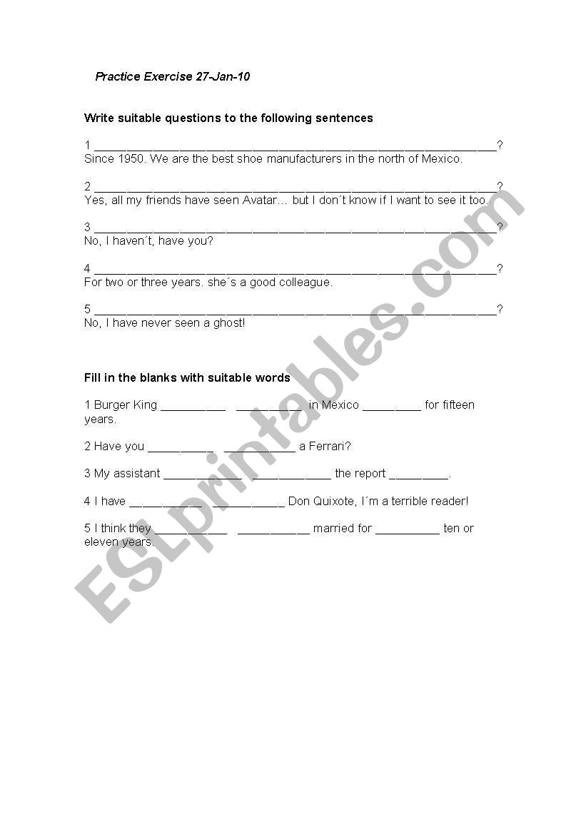 Present Perfect Worksheet worksheet