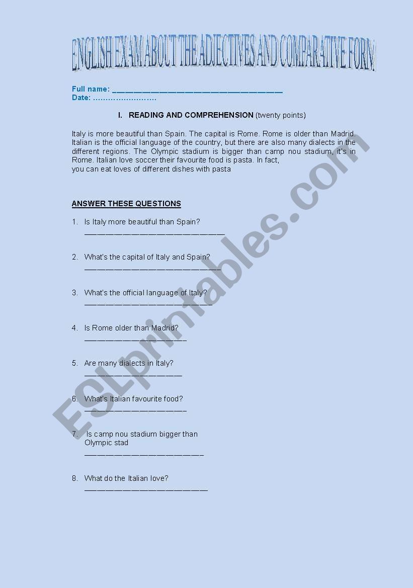 english exam adjectives and comparatives form I