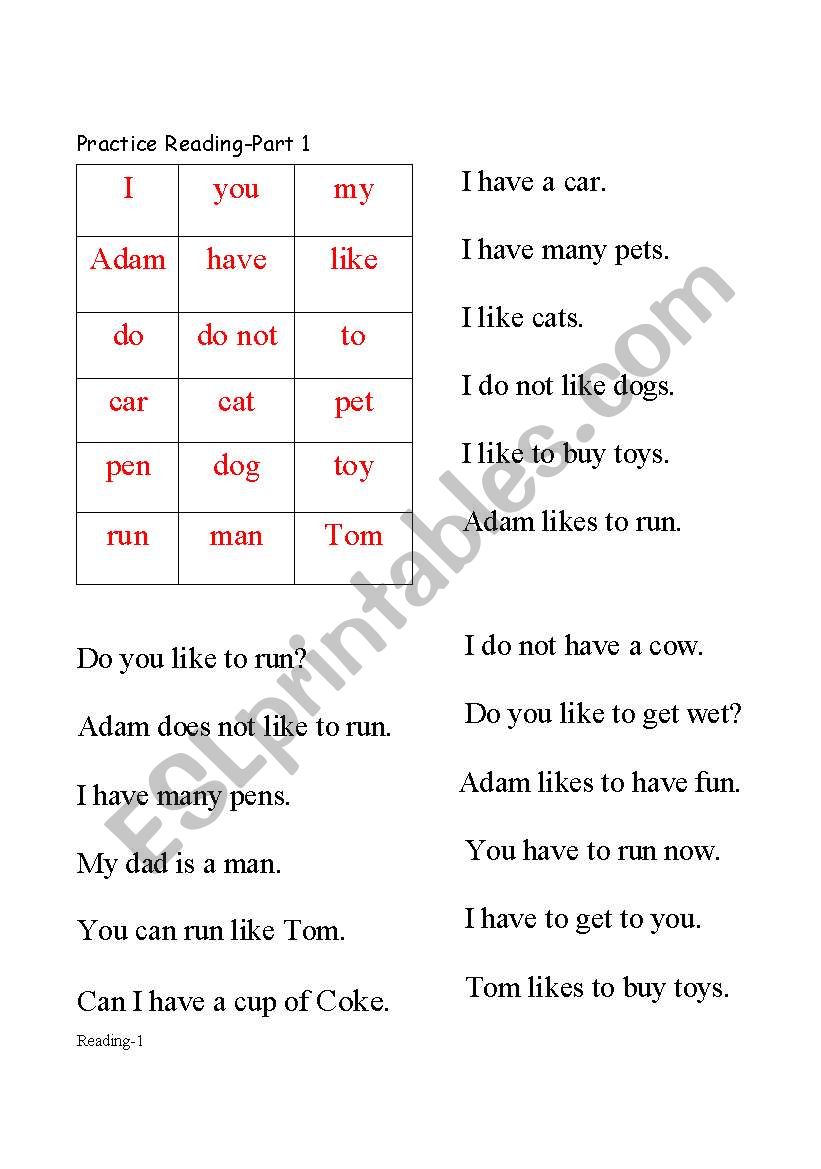 Learning to Read- Part 1 worksheet