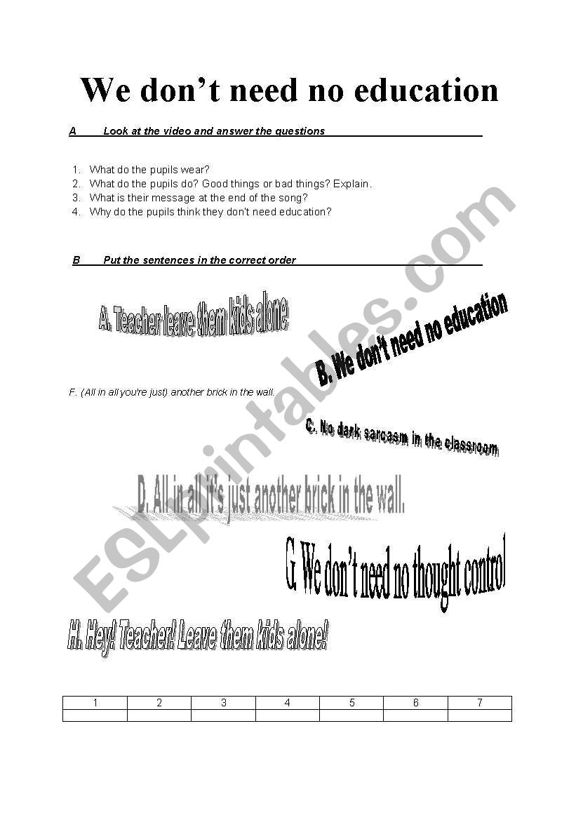 We dont need no education! worksheet