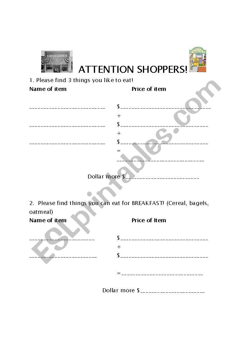 Attention Shoppers worksheet