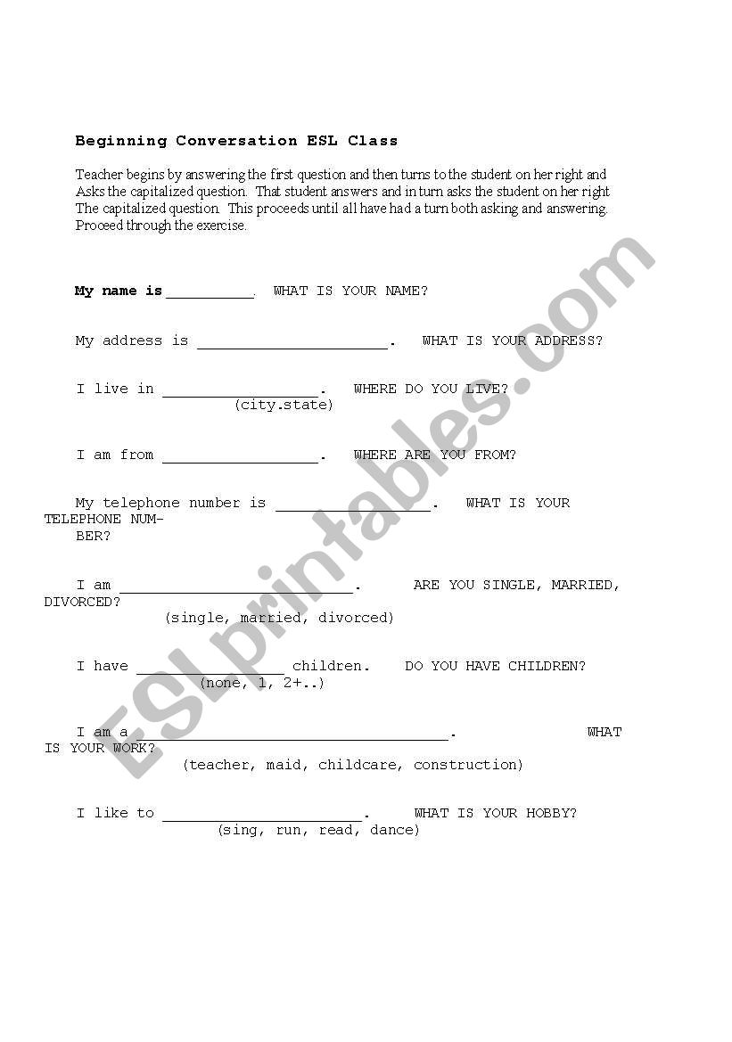 BEginning ESL conversation--Group exercise