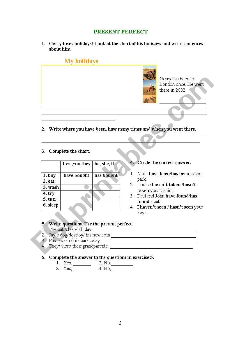 prsent perfect worksheet